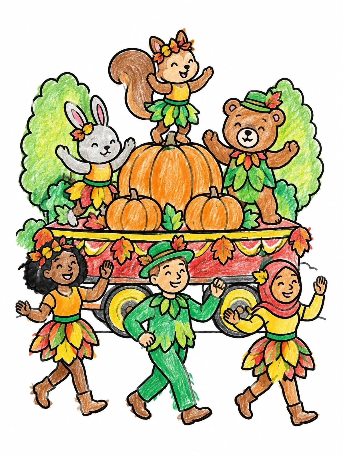 Colored example of the Woodland Critters Autumn Parade Float coloring page