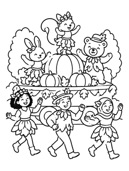 Free printable Woodland Critters Autumn Parade Float coloring page