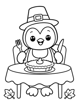 A cute penguin coloring page featuring a pilgrim hat and a tasty pie at the table.
