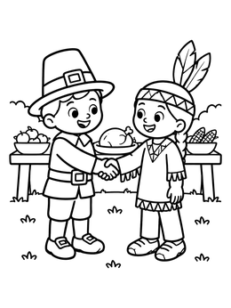 Free printable Pilgrim And Native American Friends Shaking Hands coloring page