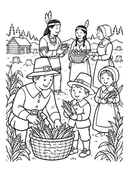Free printable Pilgrim And Native Harvest Gathering coloring page
