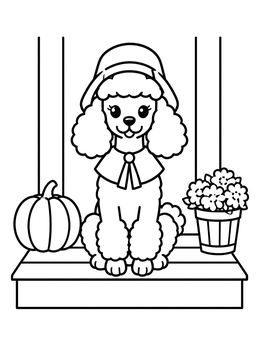 Free printable Pilgrim Poodle On Porch Step coloring page
