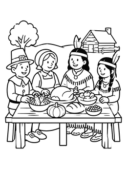 Free printable Thanksgiving Feast With Pilgrims And Friends coloring page