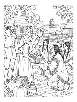 Pilgrims and Native Americans share a harvest basket in this thanksgiving pilgrims coloring page.