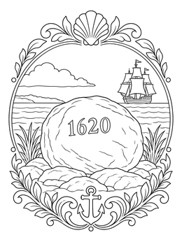 A thanksgiving pilgrims coloring page showing Plymouth Rock carved with 1620 and a ship at sea.