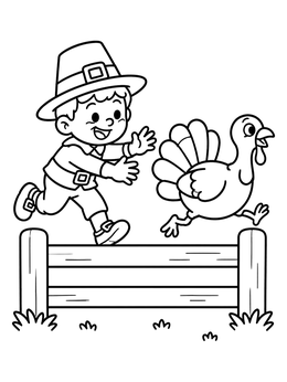 Free printable Pilgrim Boy Chasing Turkey coloring page