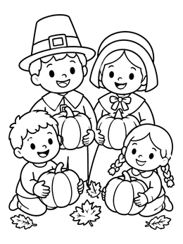 Free printable Pilgrim Children With Autumn Pumpkins coloring page