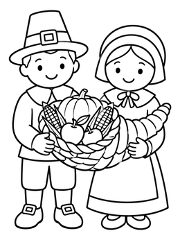 Free printable Cute Pilgrim Couple With Cornucopia coloring page