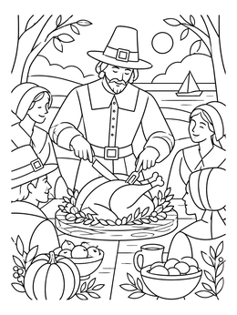 A thanksgiving pilgrims coloring page showing a pilgrim carving roasted turkey at an outdoor table with guests.