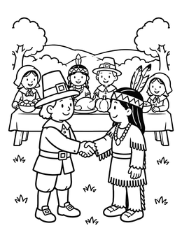 A friendly thanksgiving pilgrims coloring page showing two friends shaking hands by a Thanksgiving feast table.