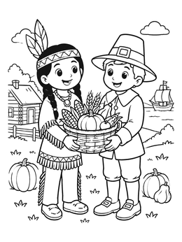 Free printable Pilgrim And Native American Harvest Basket coloring page
