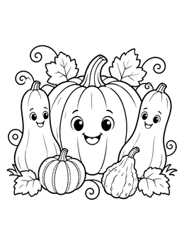 A happy pumpkin with squash friends in this cute thanksgiving symbols coloring page.