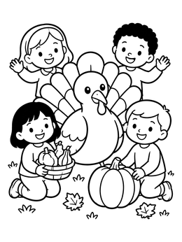 Happy children surround a cute turkey and pumpkins in this thanksgiving symbols coloring page.