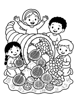 Happy children surround a thanksgiving symbols coloring page with a cornucopia spilling fresh fruit.