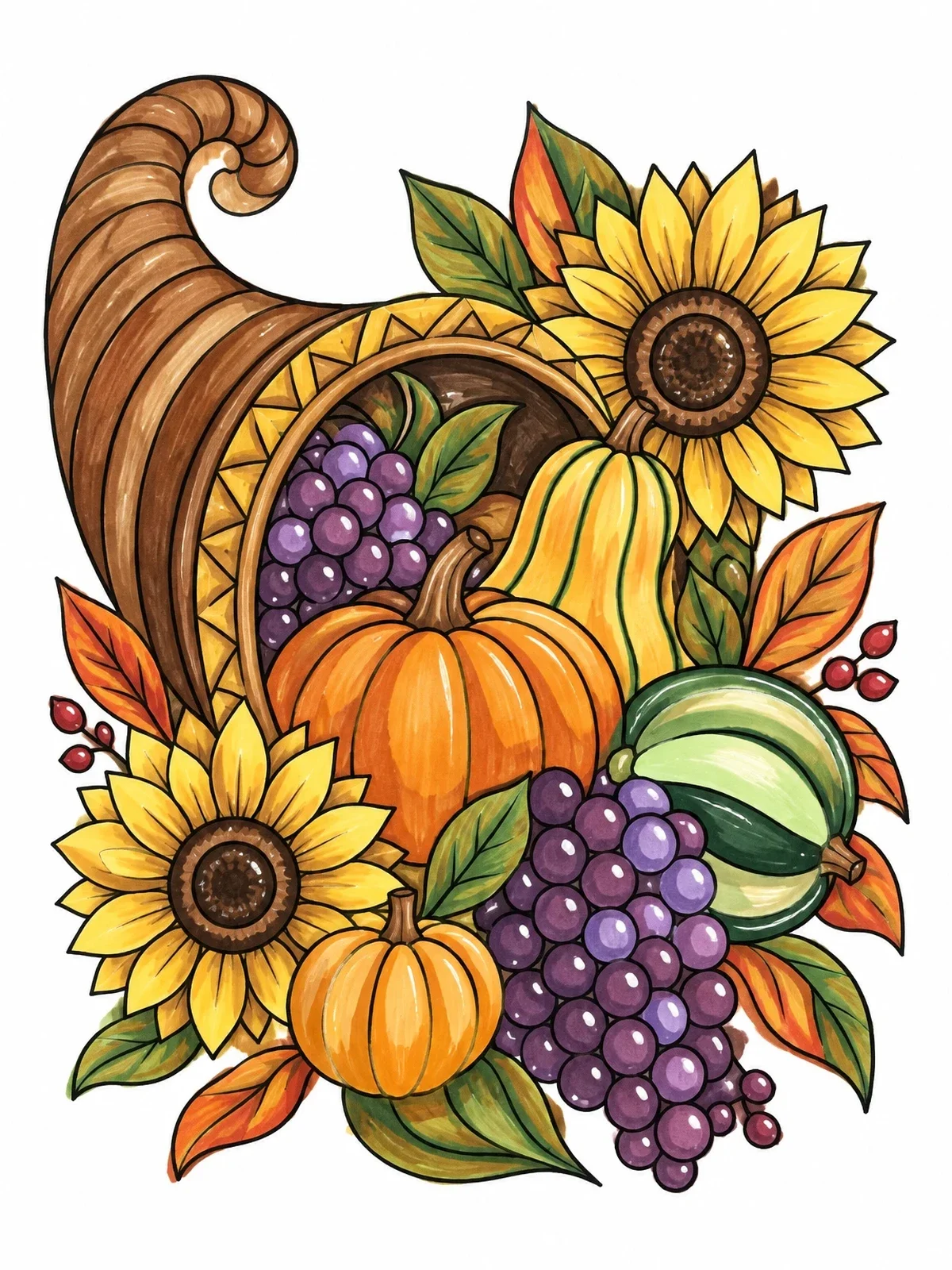 Colored example of the Cornucopia With Autumn Harvest And Sunflowers coloring page