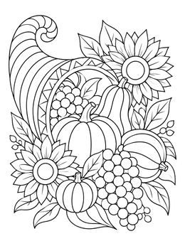 Free printable Cornucopia With Autumn Harvest And Sunflowers coloring page