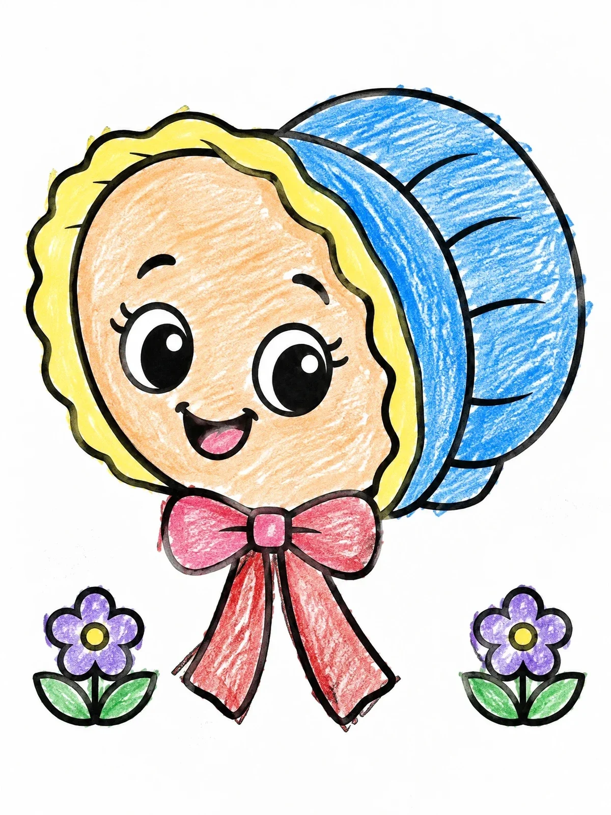 Colored example of the Cute Smiling Bonnet With Bow coloring page