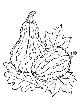 Two bumpy gourds on oak and maple leaves in a thanksgiving symbols coloring page.