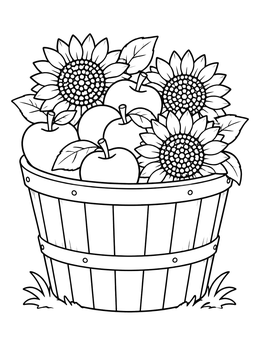 A thanksgiving symbols coloring page showing a wooden basket filled with ripe apples and sunflowers.