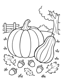 A thanksgiving symbols coloring page with a plump pumpkin, squash, acorns, and leaves outdoors.