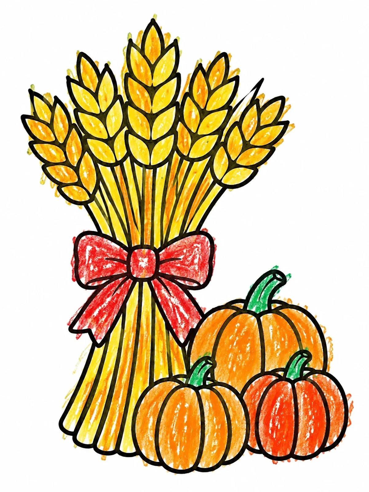 Colored example of the Harvest Wheat Sheaf And Pumpkins coloring page