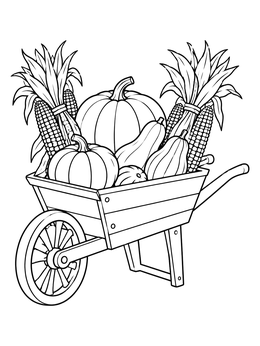 A thanksgiving symbols coloring page featuring a wooden wheelbarrow full of pumpkins, squash, and corn.