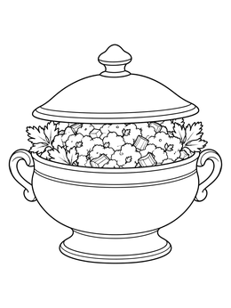 A thanksgiving symbols coloring page showing a tureen filled with stuffing and herbs.