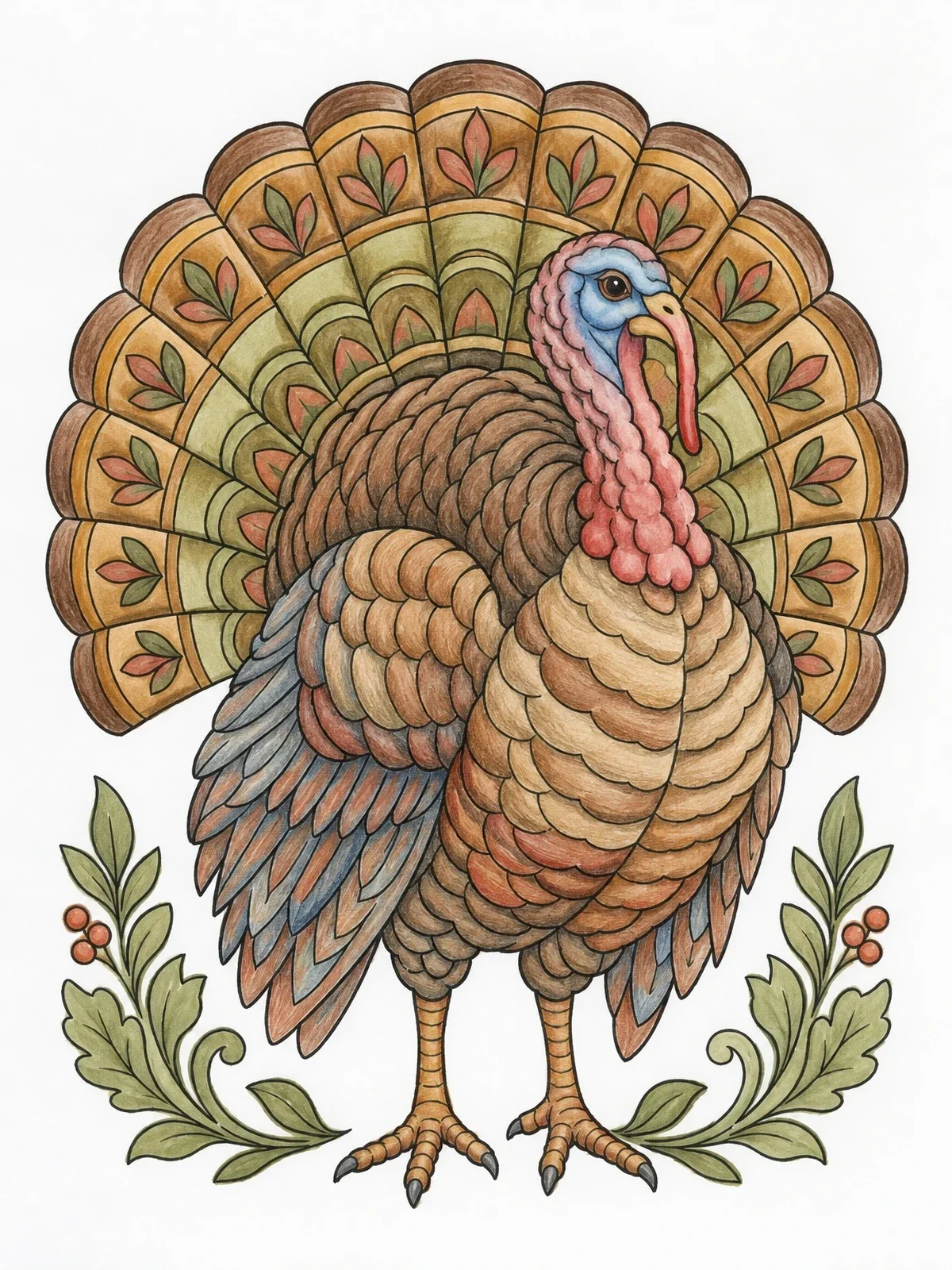 Colored example of the Intricate Tom Turkey Portrait coloring page