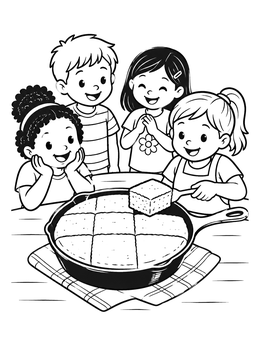 A thanksgiving symbols coloring page showing happy kids serving sliced cornbread from a skillet.