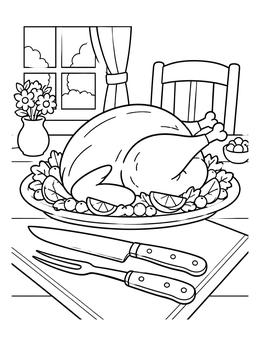 A thanksgiving symbols coloring page featuring a roasted turkey on a platter with a carving knife and fork.