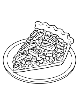 A thanksgiving symbols coloring page showing a slice of pecan pie on a small plate.
