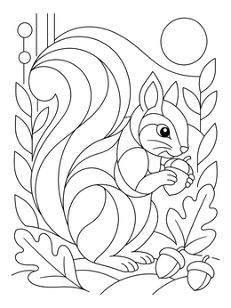 A thanksgiving symbols coloring page showing a squirrel holding an acorn among oak leaves.