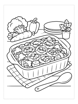 A thanksgiving symbols coloring page showing a vegetable casserole dish topped with crispy onion rings on a table.