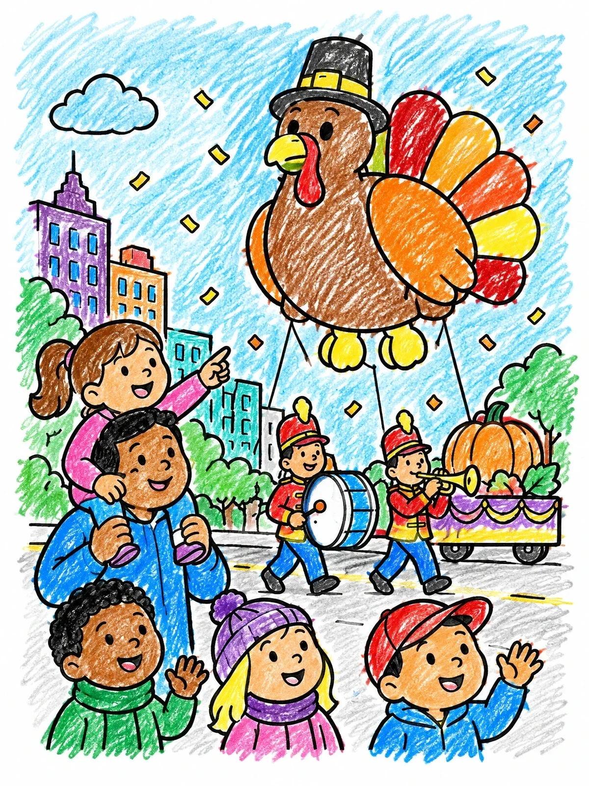 Colored example of the Family Watching Thanksgiving Turkey Balloon Parade coloring page