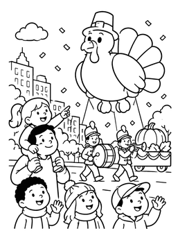 Free printable Family Watching Thanksgiving Turkey Balloon Parade coloring page