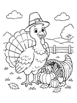A friendly turkey coloring page featuring a pilgrim hat next to an overflowing harvest cornucopia outdoors.