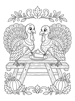 Free printable Turkeys Sharing Pumpkin Pie At Picnic Table coloring page