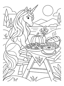 An enchanting thanksgiving unicorn coloring page featuring a bountiful picnic feast outdoors.