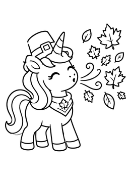 Free printable Thanksgiving Unicorn Blowing Autumn Leaves coloring page