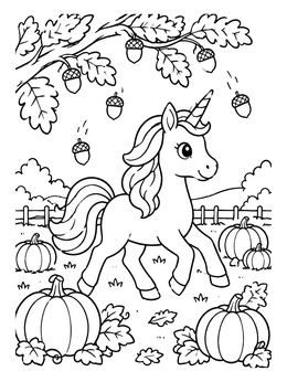 Free printable Cute Unicorn In Autumn Pumpkin Patch coloring page