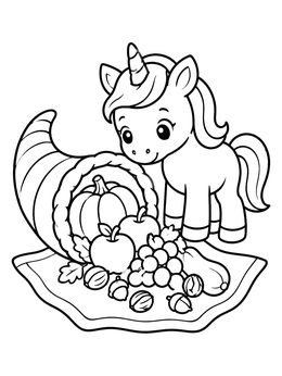 Free printable Cute Unicorn With Harvest Cornucopia coloring page