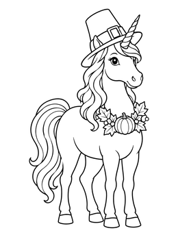 A cute thanksgiving unicorn coloring page wearing a pilgrim hat and pumpkin wreath.
