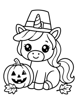 Free printable Pilgrim Unicorn With Carved Pumpkin coloring page