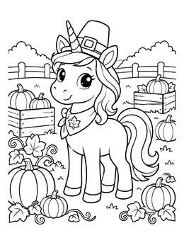 Free printable Cute Thanksgiving Unicorn In Pumpkin Patch coloring page
