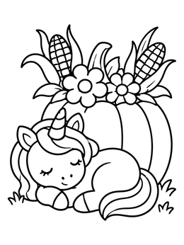 Free printable Sleeping Unicorn Beside Harvest Pumpkin coloring page