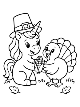 Free printable Thanksgiving Unicorn Sharing Corn With Turkey coloring page