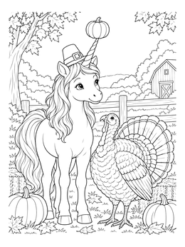 A thanksgiving unicorn coloring page showing a unicorn balancing a pumpkin alongside a friendly turkey on a farm.