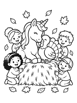 Free printable Unicorn And Turkey With Happy Children coloring page