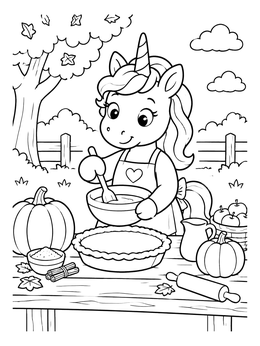 Free printable Unicorn Baking A Pumpkin Pie coloring page