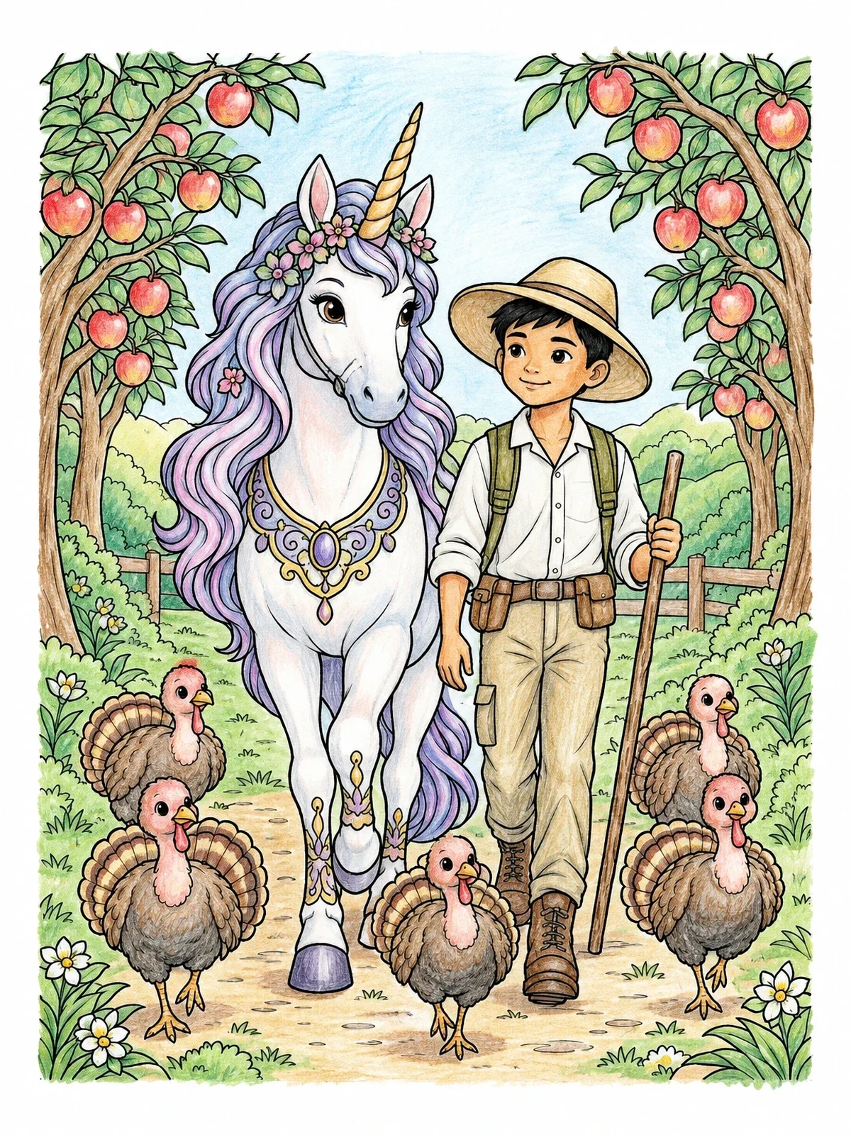 Colored example of the Unicorn And Turkeys In Orchard coloring page